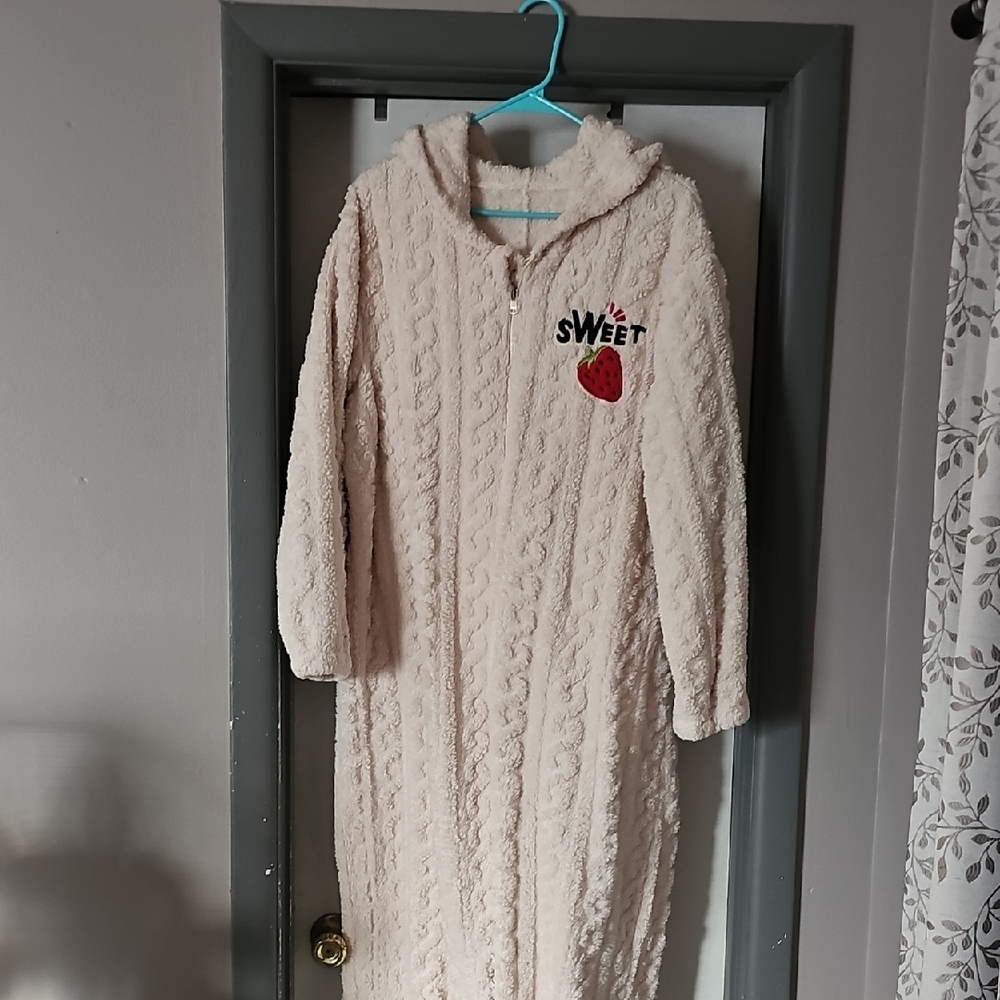Cream Hooded Fleece Jumpsuit with Sweet Strawberry Patch